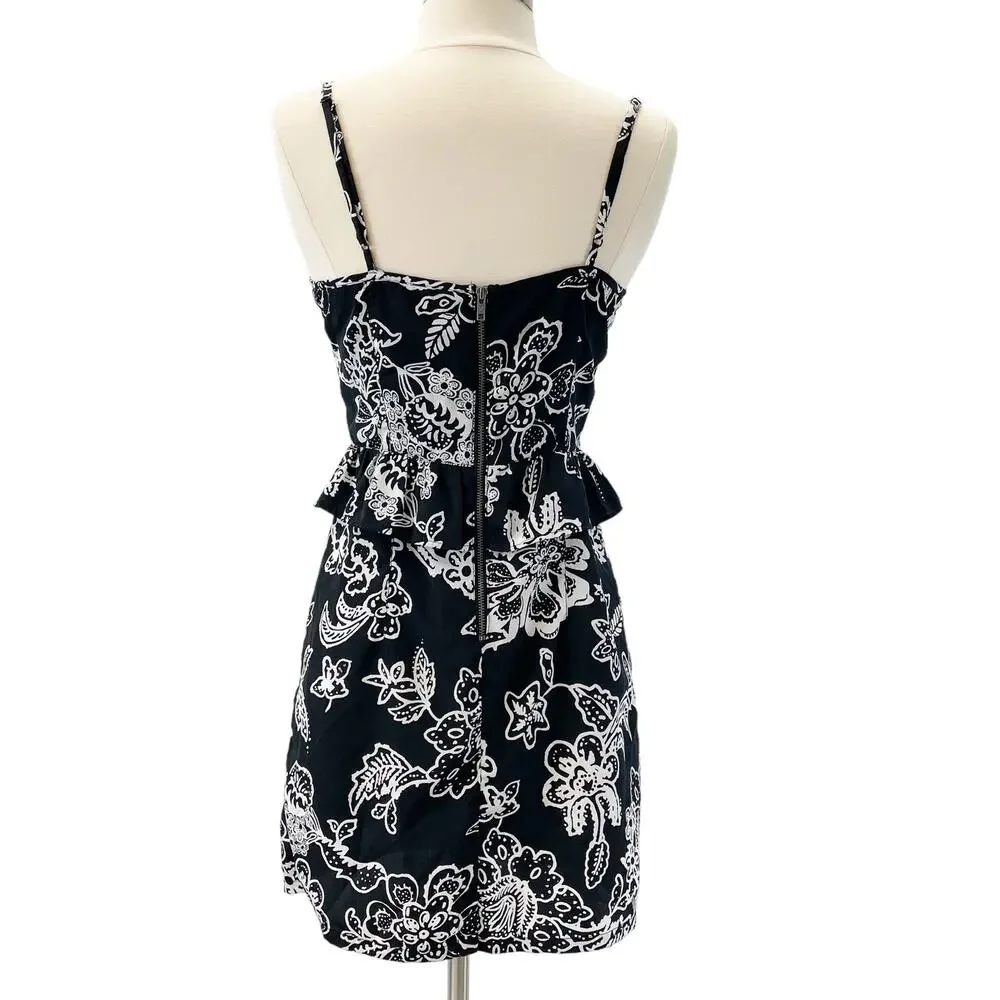 American Eagle Womens 6 Floral Sleeveless Dress Black White Peplum Sweetheart‎